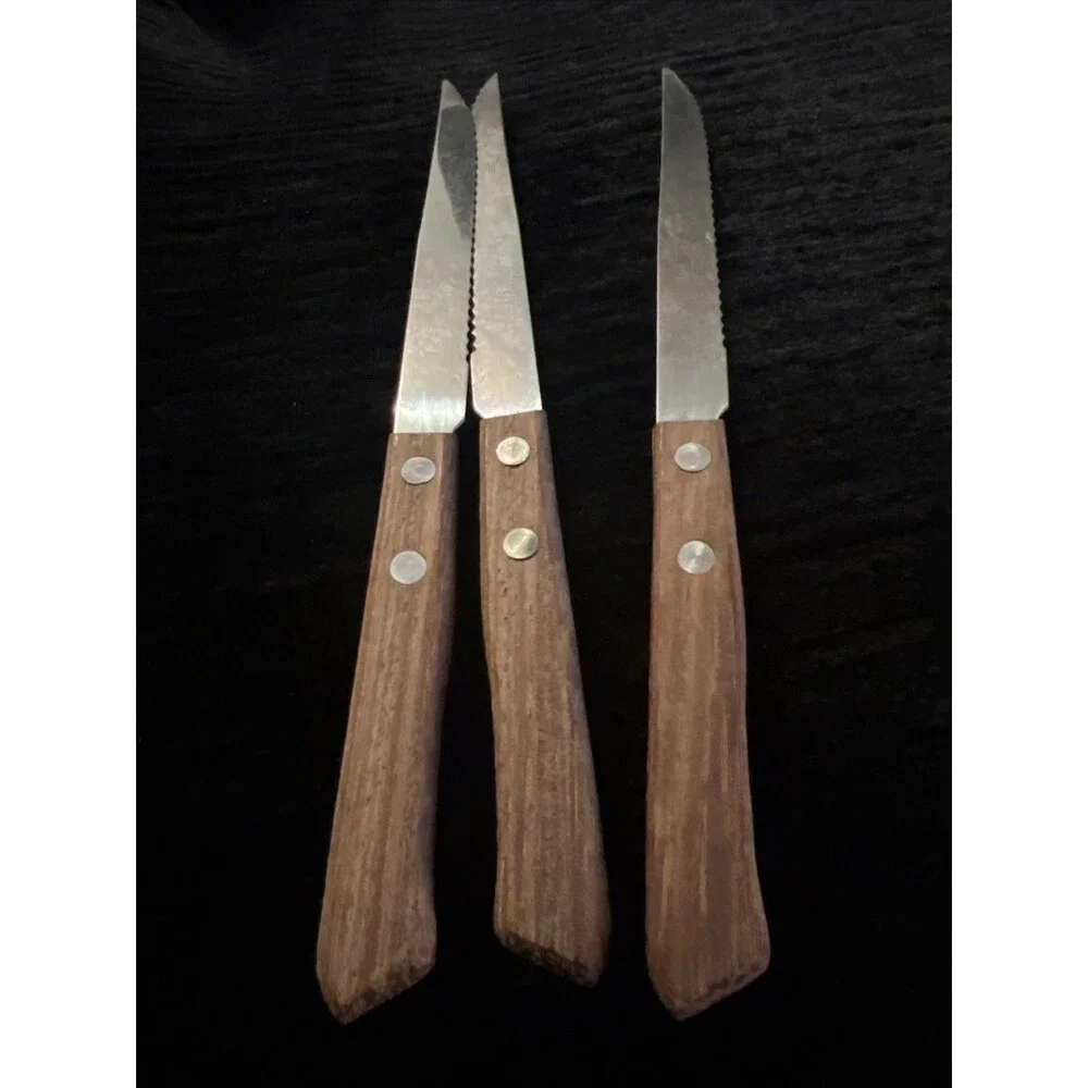 Vintage Knife Serrated Blade Wood Handle | 8” | Set of 3